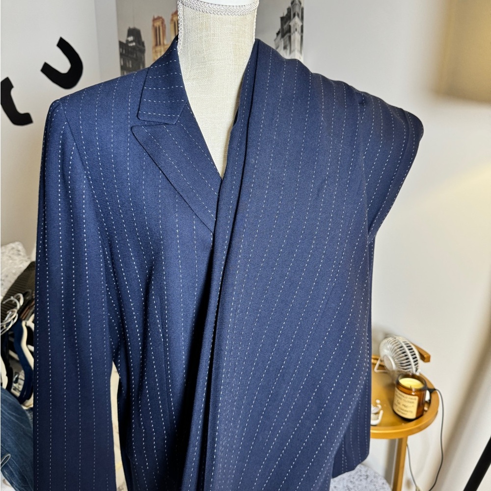 Kasper Navy Blue Pinstriped Pantsuit with Classic Tailoring